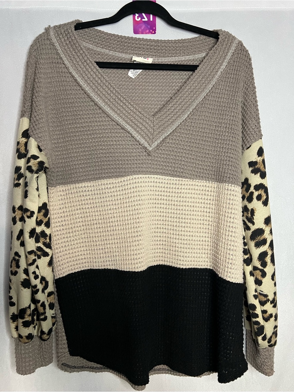 BiBi Oversized Small PTP 26” Waffle Knit Leopard Sleeve V-Neck Sweater